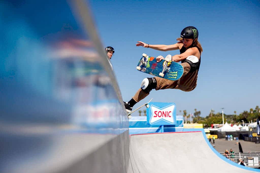 Skateboarder competing in the skate park event